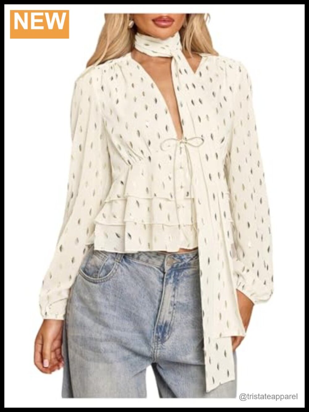 Metallic Leaf Chiffon Blouse V Neck Tie Front Ruffle Hem with Scarf